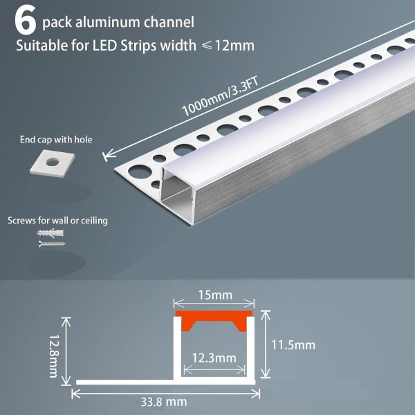 LED Channel 6 Pack Trimless Aluminum Profile with Milky Diffuser HQZM-1